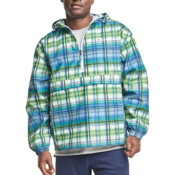 Champion Plaid Windbreaker M Green Blue Retro Sporty Y2K Streetwear Layering - Picture 1 of 4